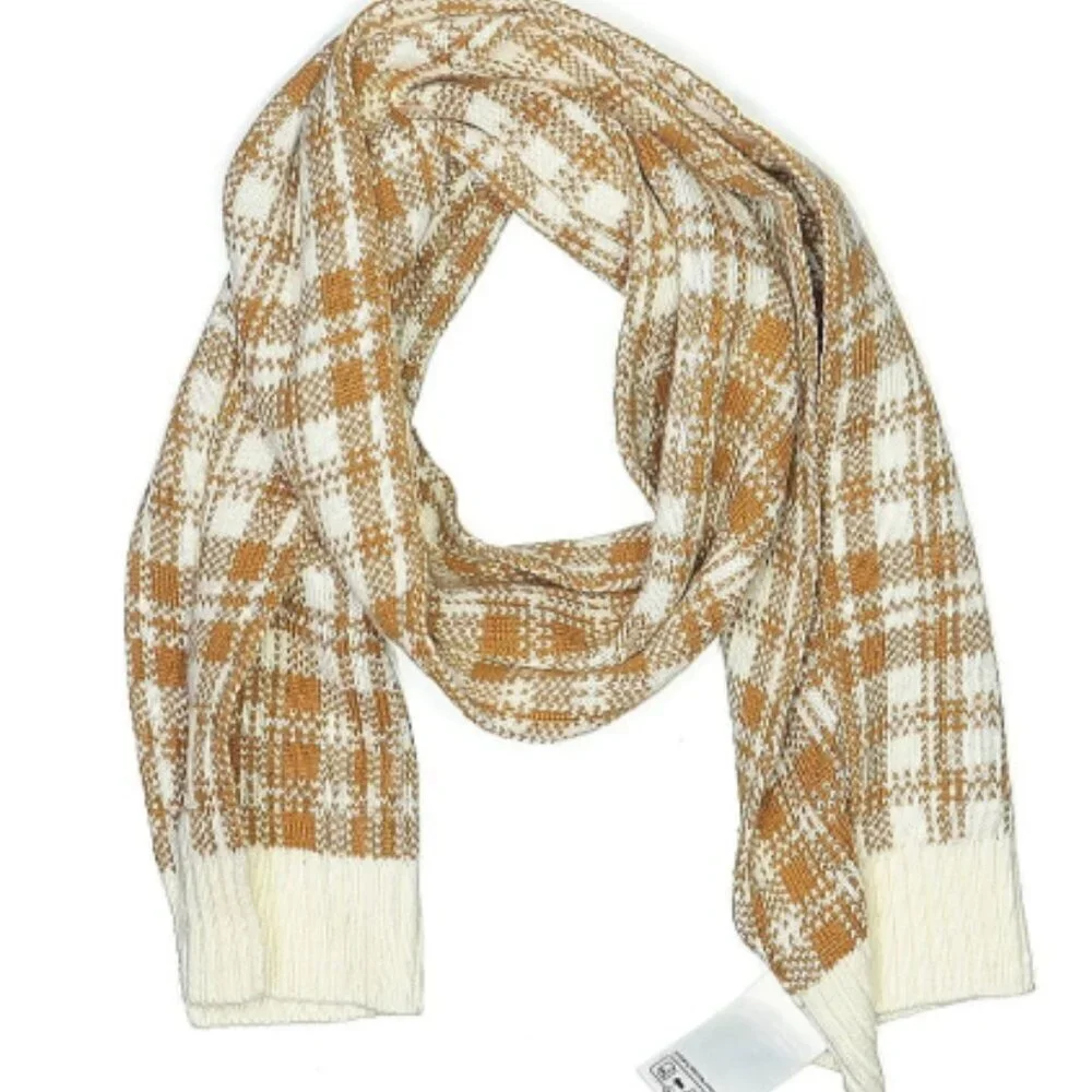 NWT! Timberland Women's White/Mustard Brown Plaid Knit Scarf